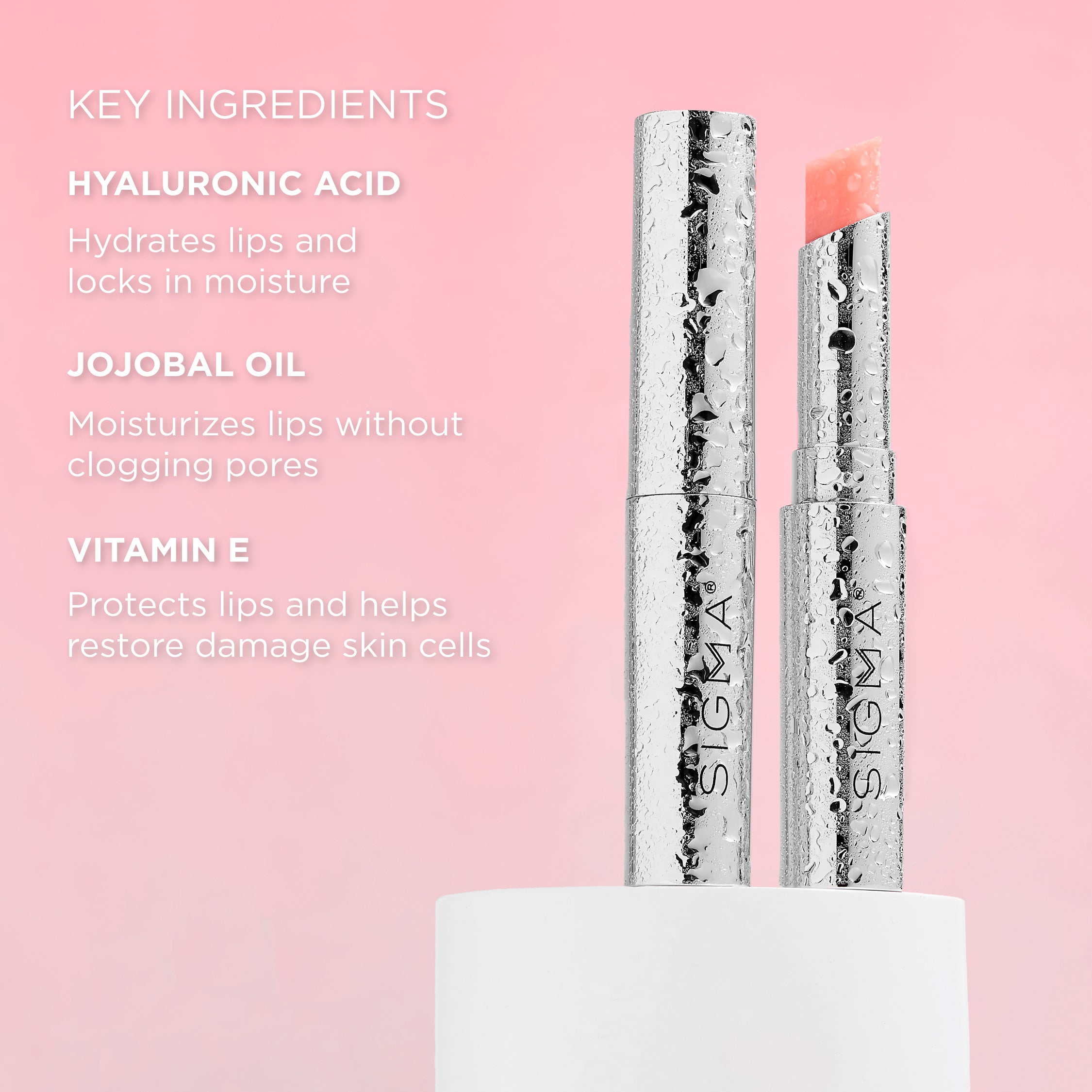 Sigma Beauty Lip Balm Key Ingredients of Hyaluronic Acid, Jojoba Oil and Vitamin E