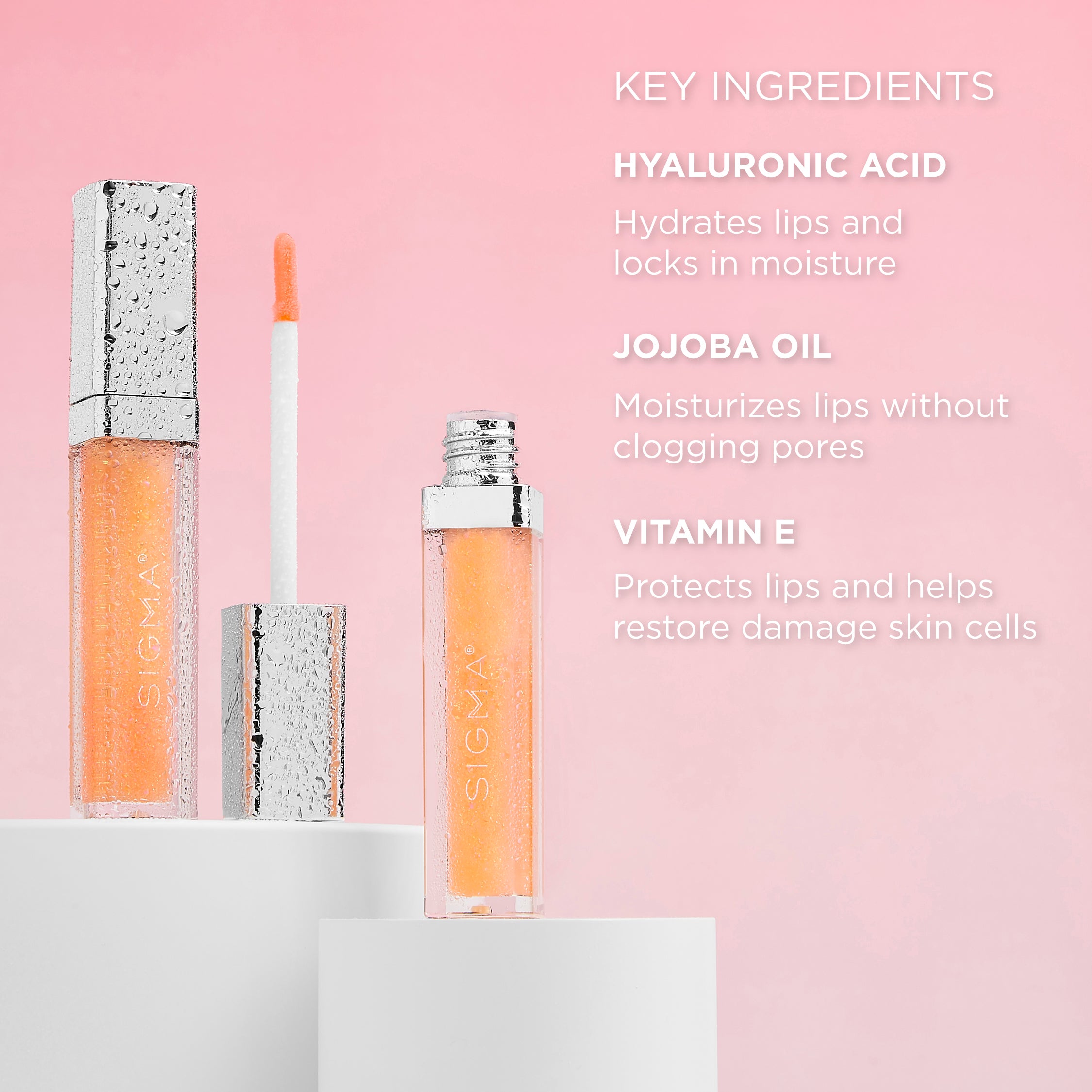 Sigma Beauty Glazed Hydrating Lip Gloss – Infused with nourishing key ingredients of hyaluronic acid, jojoba oil, and vitamin E. 