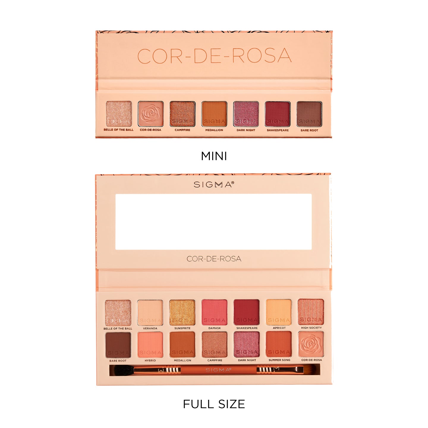 Cor-de-Rosa mini 7-shade eyeshadow palette compared to the 14-shade full size eyeshadow palette